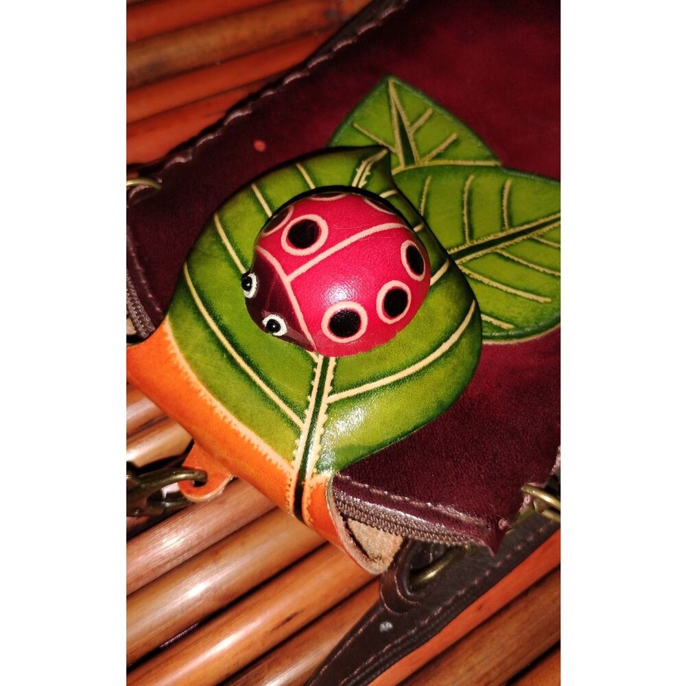 Vintage Handmade Leather Ladybug Crossbody Bag Boho Folk Art Purse - Picture 4 of 5
